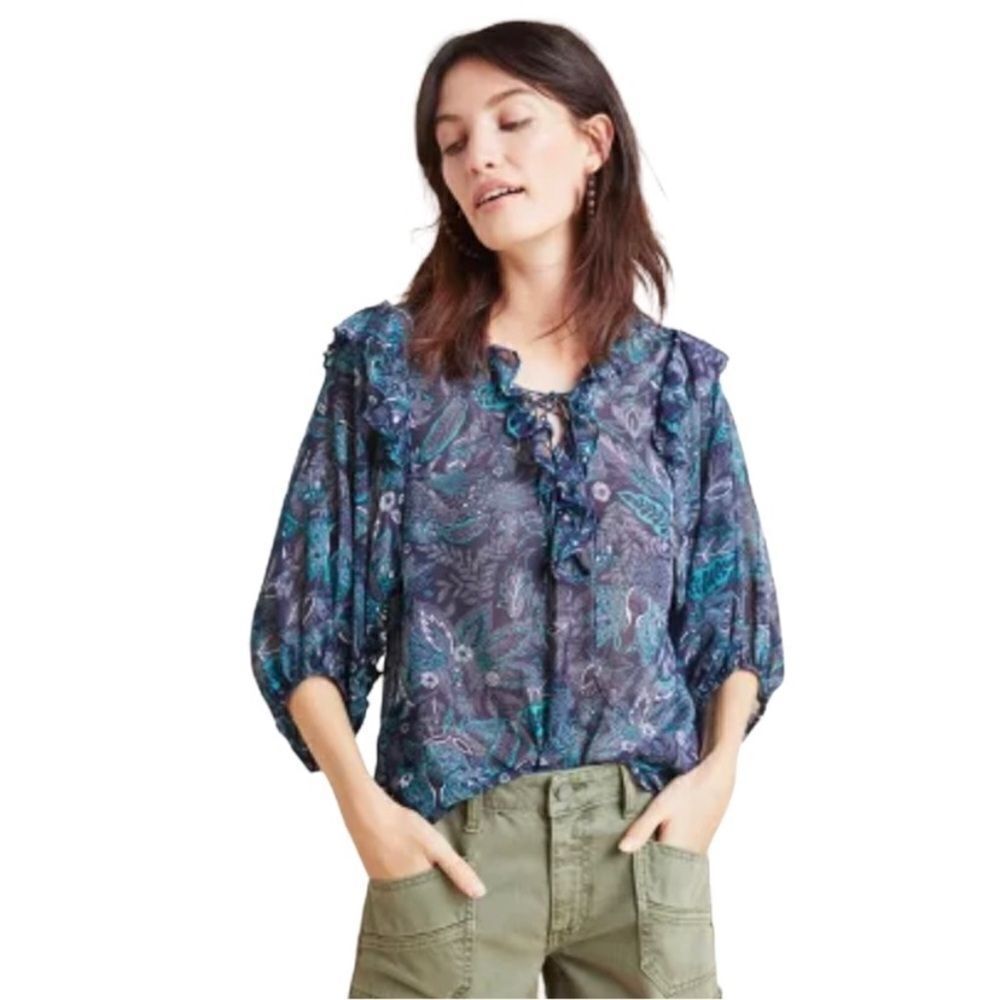 Anthropologie Haida Peasant Blouse Top Blue Floral Ruffle Trim 3/4 Sleeve Sz S